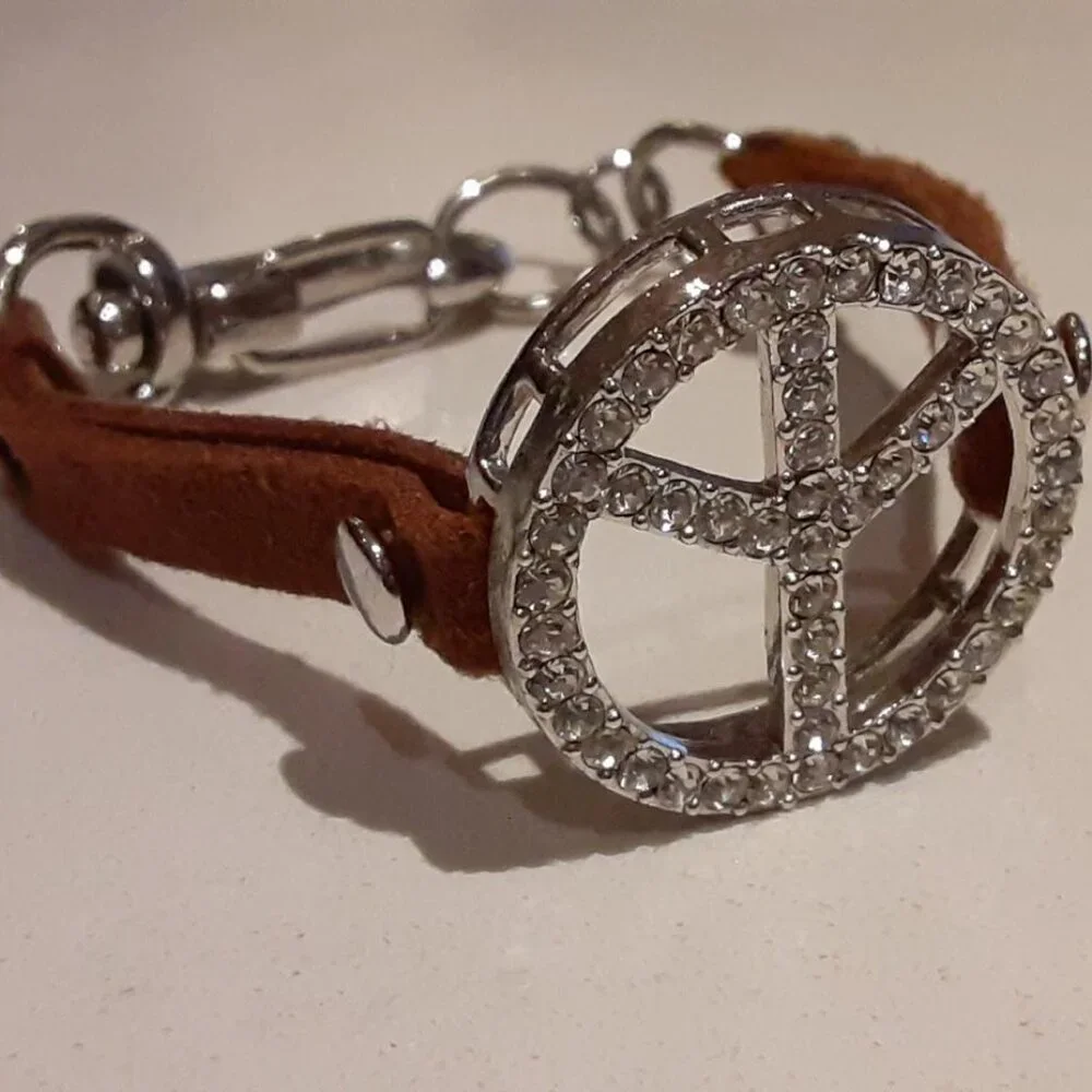 Kids PEACE bracelet with leather strap & faux diamond studs